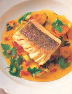 Snapper poached in saffron court bouillon