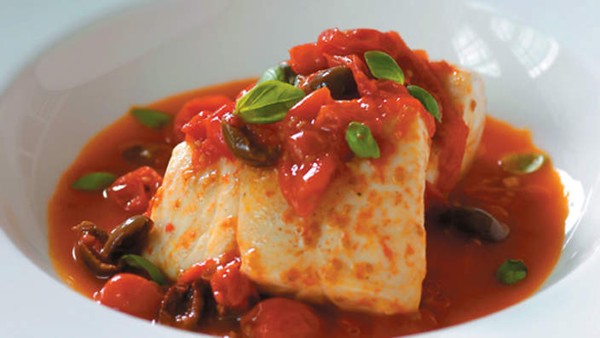 Snapper poached in tomato with basil and olives (Dentice in guazzetto)