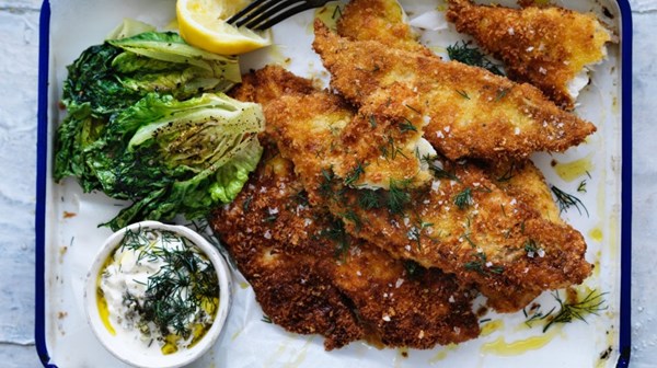 Snapper schnitzel with charred lettuce and easy dill tartare sauce
