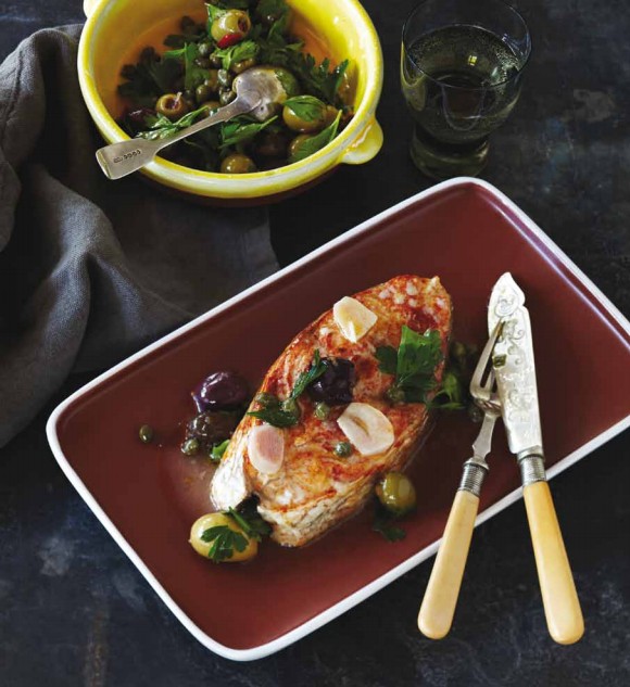 Snapper steaks with caper and olive salad