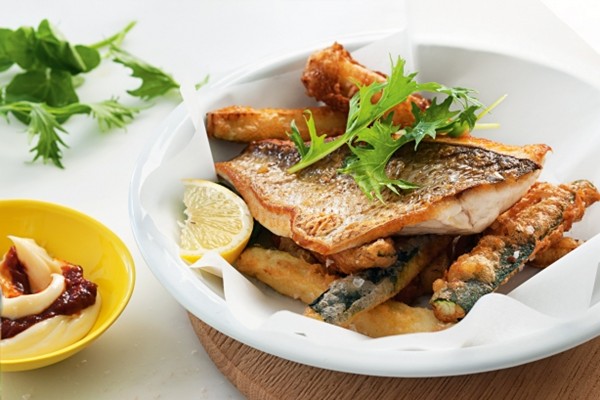 Snapper with beer-battered zucchini fries