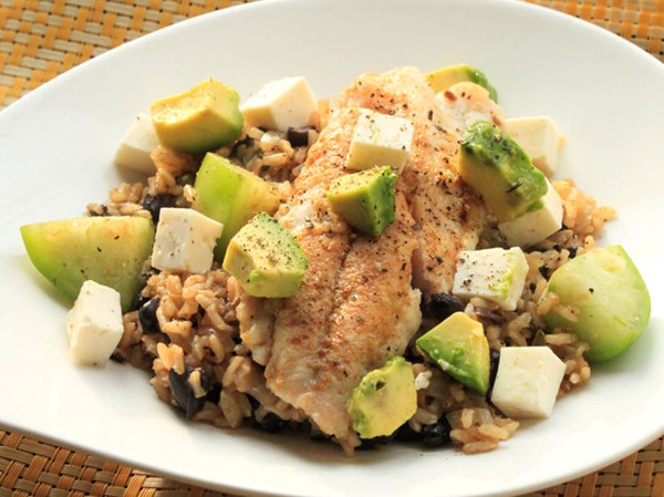 Snapper with brown rice, avocado, and cheese