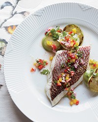 Snapper with charred tomatillos and pepper salsa