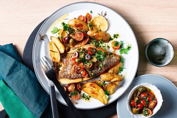 Snapper with kipflers, tomatoes, olives and capers