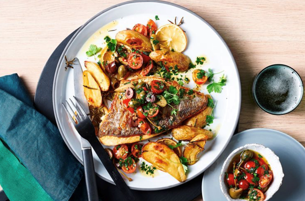 Snapper with kipflers, tomatoes, olives and capers