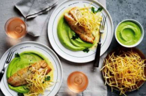 Snapper with pea puree, tarragon butter and pommes allumettes