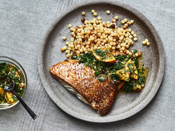 Snapper with preserved citrus gremolata and fregola
