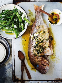 Snapper with white wine, green olives and parsley (Dentice alla Vernaccia)