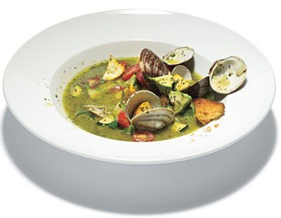 Sneads Ferry clams with late summer squash, pistou, and marinated grape tomatoes