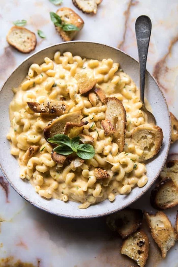 Sneaky zucchini mac and cheese with everything bagel chip crumbs