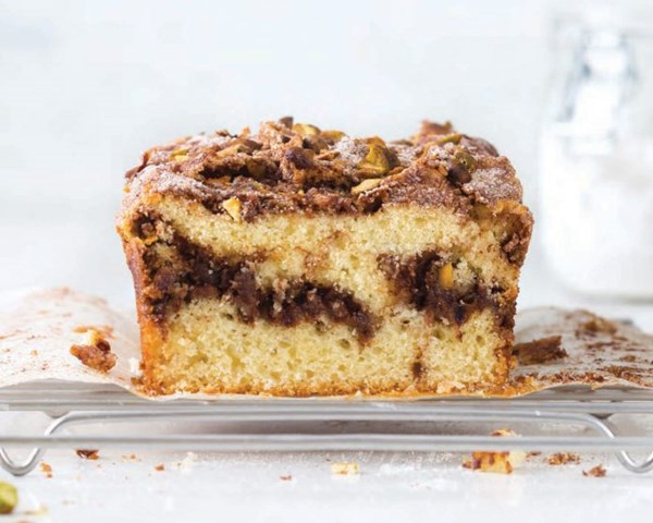 Snickerdoodle swirl bundt cake with salted pistachios