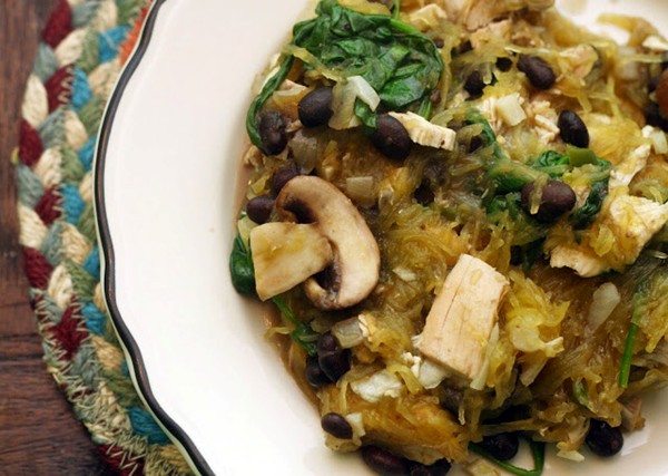 Snow day spaghetti squash with chicken, spinach, beans and mushrooms