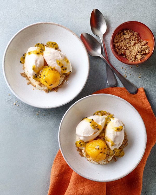 Snow eggs with almond crumb, mango sorbet and passion fruit 