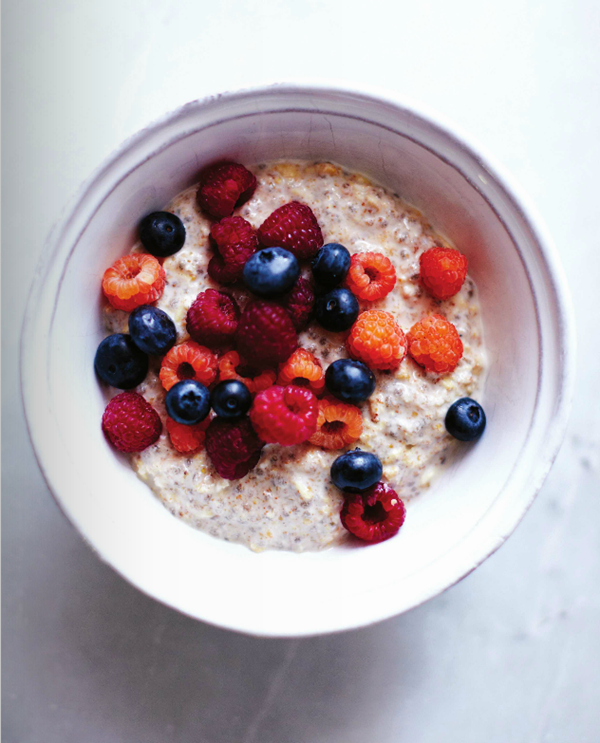 Soaked oats and chia with almond milk, flax, and wheat germ