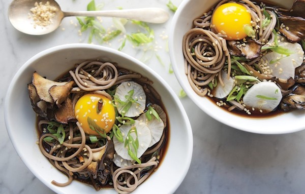 Soba and maitake mushrooms in soy broth