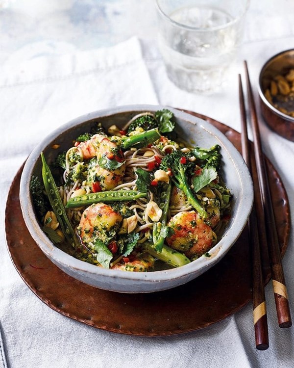 Soba noodle and prawn salad with coriander & peanut pesto