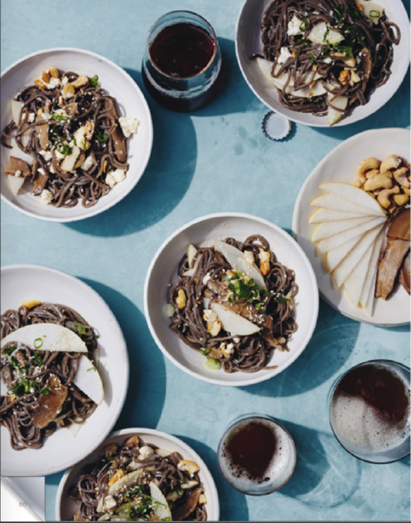 Soba noodle salad with pickled shiitakes, chèvre, toasted cashews, and Asian pears [Louis Kao, Noodle Theory]