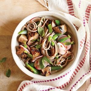 Soba noodle salad with pork, snap peas, and radishes