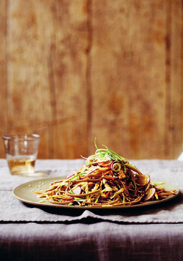 Soba noodle salad with rainbow vegetables and sesame dressing