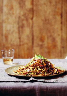Soba noodle salad with rainbow vegetables and sesame dressing