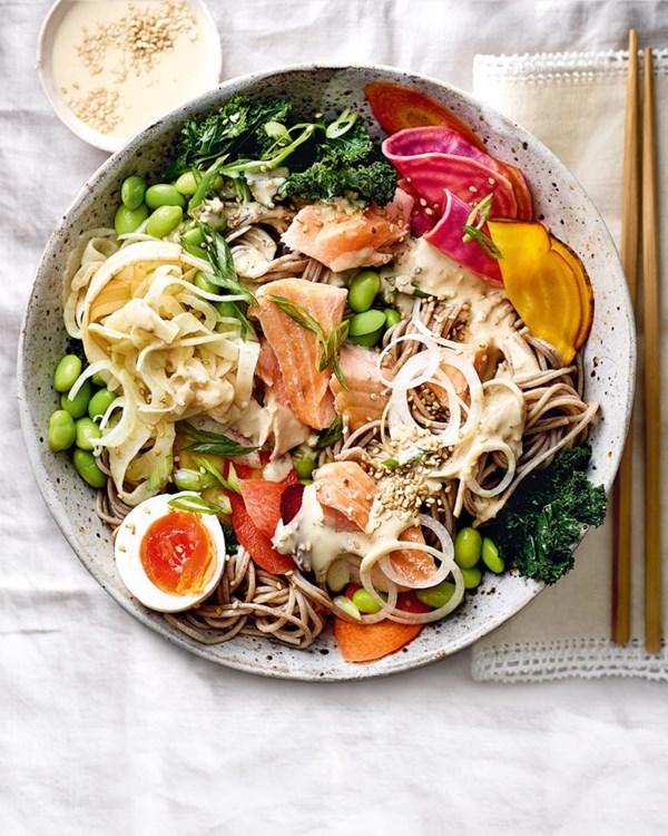 Soba noodle salad with salmon and quick-pickled veg