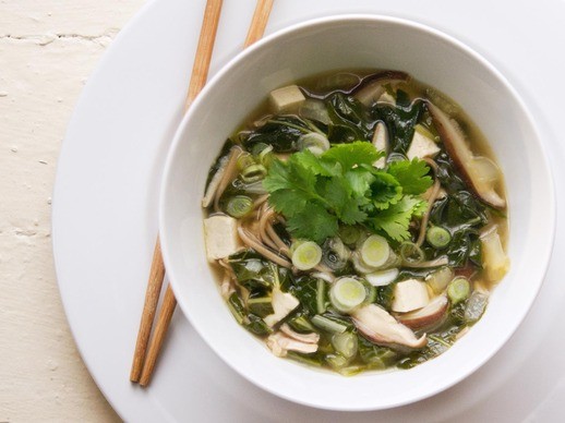 Soba noodle soup with chicken, tofu, and bok choy