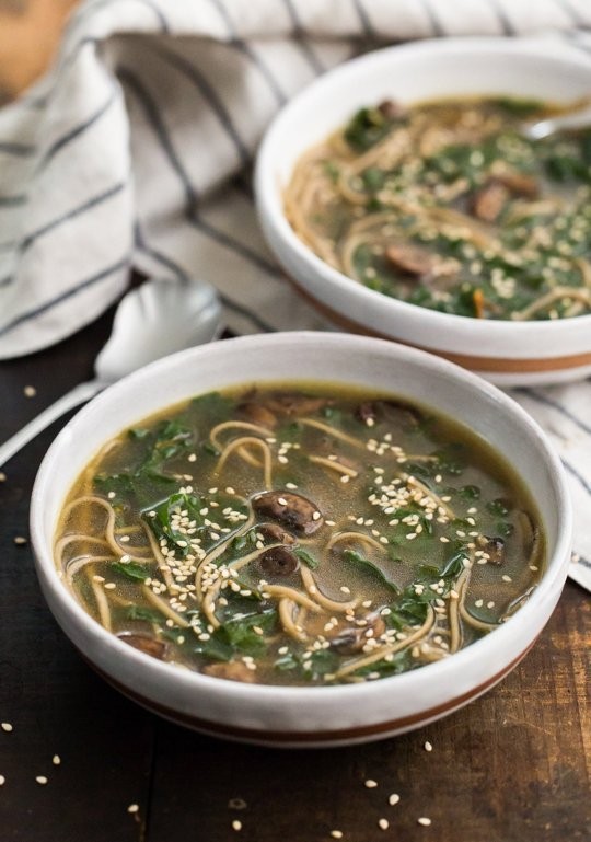 Soba noodle soup with mushrooms & chard