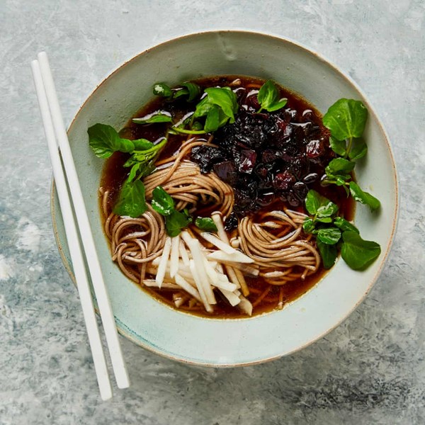 Soba noodle soup with soy cabbage, pickles and ginger