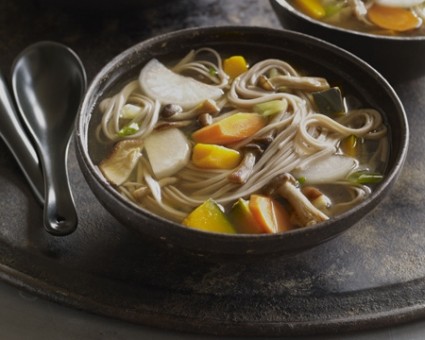 Soba noodles in mushroom broth with taro and kabocha squash