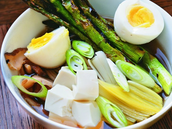 Soba noodles in shiitake-shoyu broth with spring vegetables