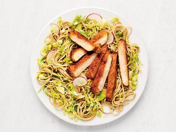 Soba noodles with Brussels sprouts and pork chops