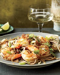 Soba noodles with grilled shrimp and cilantro