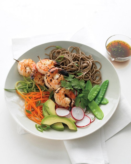 Soba noodles with grilled shrimp and orange dipping sauce
