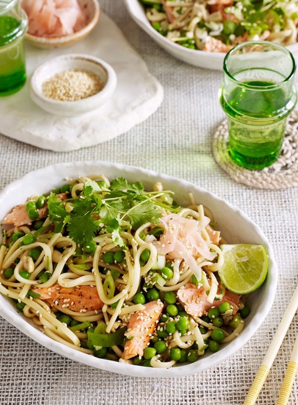 Soba noodles with hot smoked salmon and soy dressing