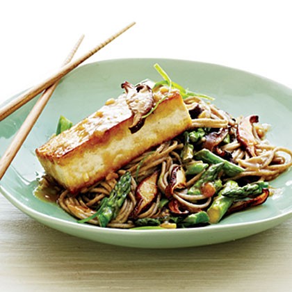 Soba noodles with miso-glazed tofu and vegetables
