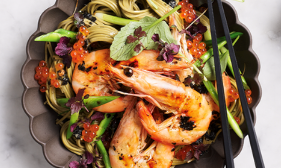 Soba noodles with nori sesame butter and sake grilled prawns
