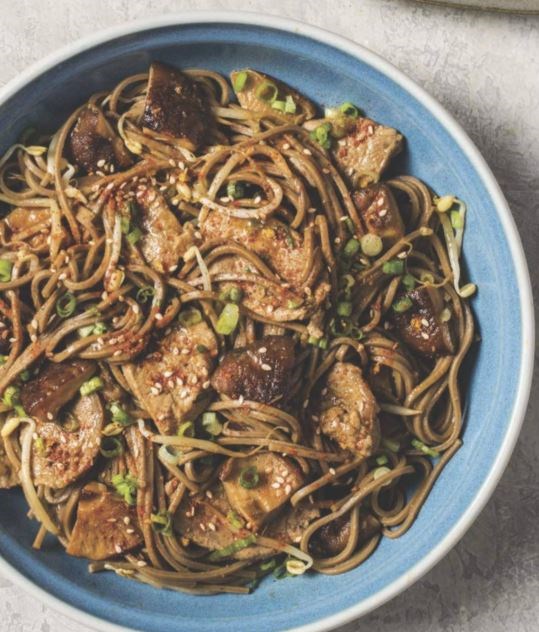 Soba noodles with pork, scallions, and shichimi togarashi