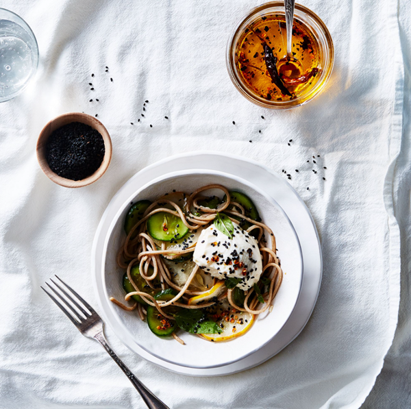 Soba salad with cucumbers, soft tofu & quick chile oil