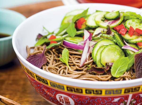 Soba salad with marinated cucumber and ponzu