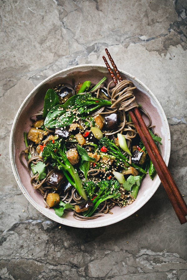 Soba salad with miso & ginger aubergine