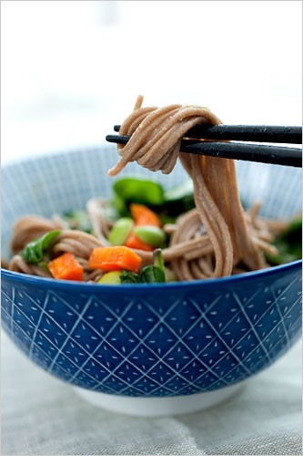 Soba salad with spinach, edamame, and miso dressing
