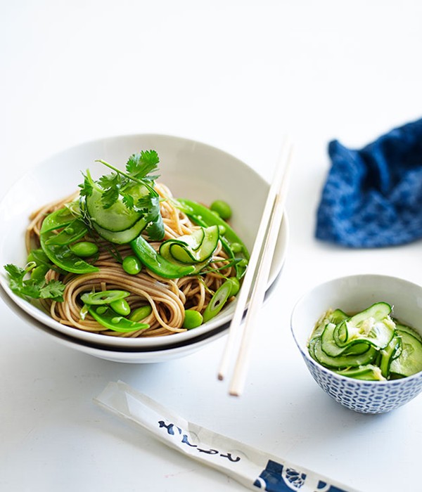Soba with edamame and quick pickled cucumber