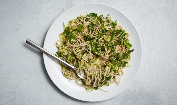 Soba with green chile pesto