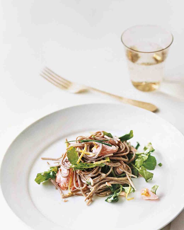 Soba with salmon and watercress