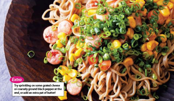 Soba with sausage & buttered corn