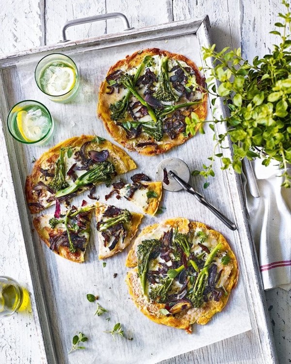 Socca pizzas with Taleggio and broccoli