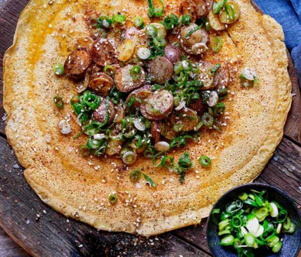 Socca with crispy potatoes & scallion-za'atar relish