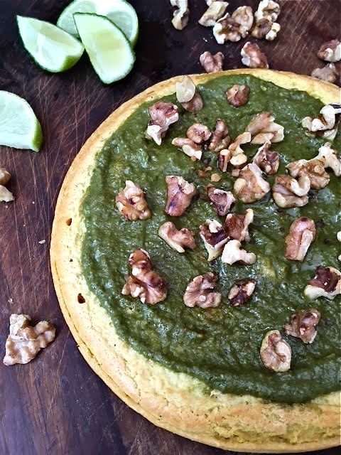 Socca with walnut basil pesto & purple mangetout