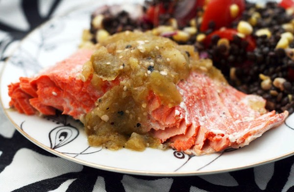 Sockeye salmon with roasted tomatillo sauce