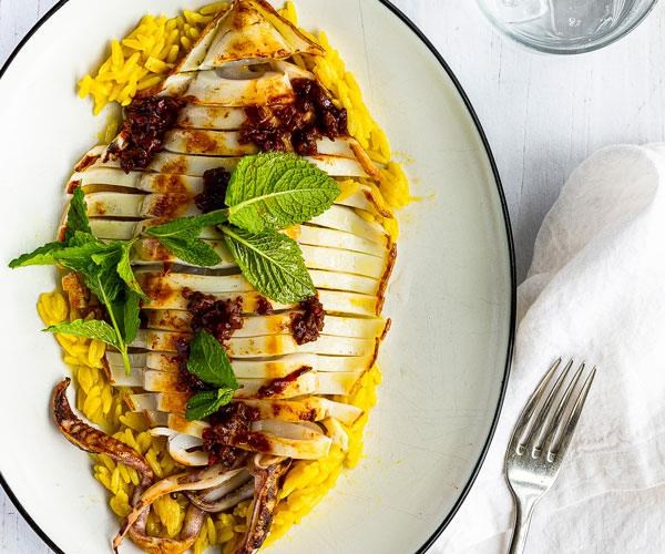 Soffritto, southern calamari, saffron orzo and mint